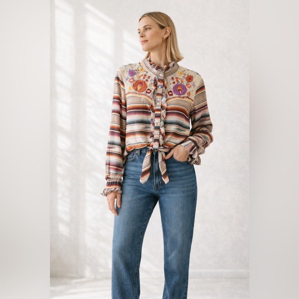 Double D Ranch Santa Rita Blouse Western Pearl Snap Serape Embroidered Boho Top - Picture 16 of 16